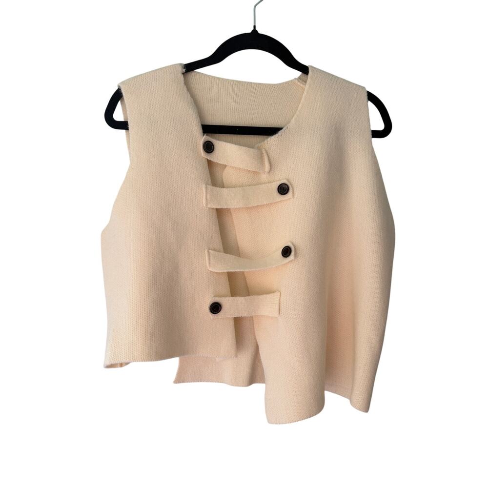 Cream Knit Sweater Vest Small Toggle Front Oversized Preppy Coastal Minimalist